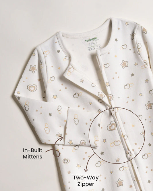 Twingle 100% Organic Cotton Sleepsuit-Zip Guard to Protect Baby's Chin & Neck-Two Way Zipper for Easy Diaper Change-Inbuilt Booties & Mittens-Hearts & Stars Print-White-For Infants