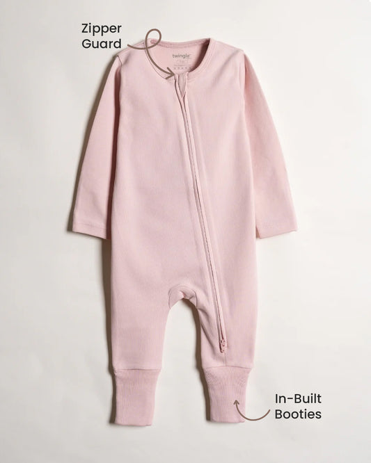Twingle 100% Organic Cotton Sleepsuit-Zip Guard to Protect Baby's Chin & Neck-Two Way Zipper for Easy Diaper Change-Inbuilt Booties & Mittens-Floral Print-Pastel Pink-For Infants-Pack of 2-For Infants