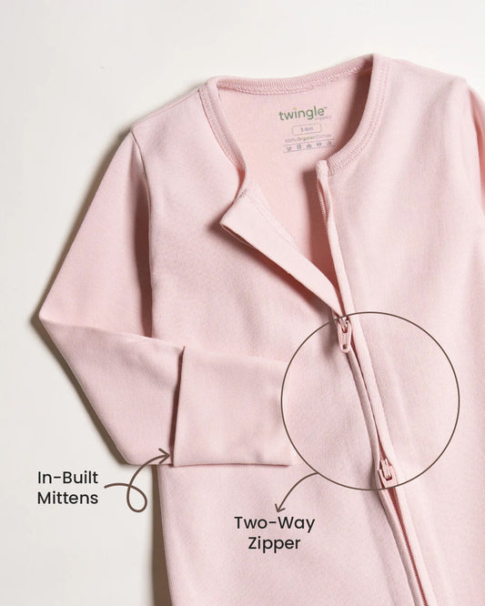 Twingle 100% Organic Cotton Sleepsuits-Zip Guard to Protect Baby's Chin & Neck-Two Way Zipper for Easy Diaper Change-Inbuilt Booties & Mittens-Long Sleeves-Solid-Beige & Pastel Pink-Pack of 2-For Infants