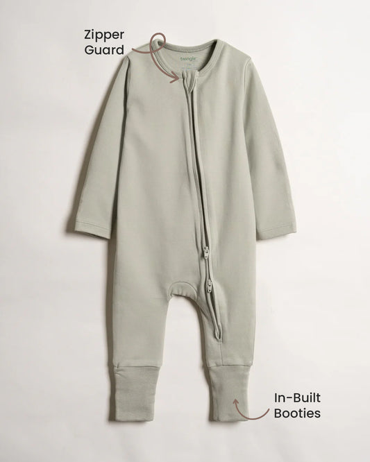Twingle 100% Organic Cotton Sleepsuit-Zip Guard to Protect Baby's Chin & Neck-Two Way Zipper for Easy Diaper Change-Inbuilt Booties & Mittens-Elephant Print-Sage Green-Pack of 2-For Infants