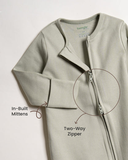Twingle 100% Organic Cotton Sleepsuit-Zip Guard to Protect Baby's Chin & Neck-Two Way Zipper for Easy Diaper Change-Inbuilt Booties & Mittens-Solid-Sage Green-For Infants