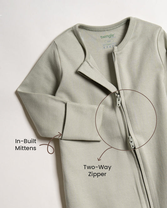 Twingle 100% Organic Cotton Sleepsuit-Zip Guard to Protect Baby's Chin & Neck-Two Way Zipper for Easy Diaper Change-Inbuilt Booties & Mittens-Solid-Sage Green-For Infants