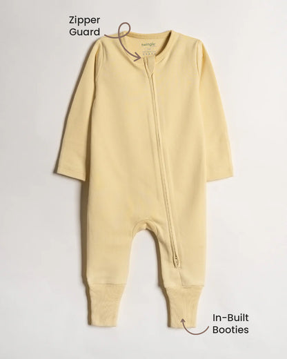 Twingle 100% Organic Cotton Sleepsuit-Zip Guard to Protect Baby's Chin & Neck-Two Way Zipper for Easy Diaper Change-Inbuilt Booties & Mittens-Solid-Yellow-For Infants