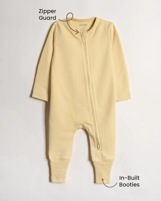 Twingle 100% Organic Cotton Sleepsuit-Zip Guard to Protect Baby's Chin & Neck-Two Way Zipper for Easy Diaper Change-Inbuilt Booties & Mittens-Solid-Yellow-For Infants