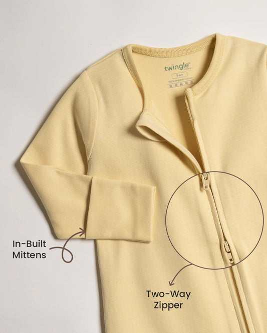 Twingle 100% Organic Cotton Sleepsuit-Zip Guard to Protect Baby's Chin & Neck-Two Way Zipper for Easy Diaper Change-Inbuilt Booties & Mittens-Solid-Yellow-For Infants
