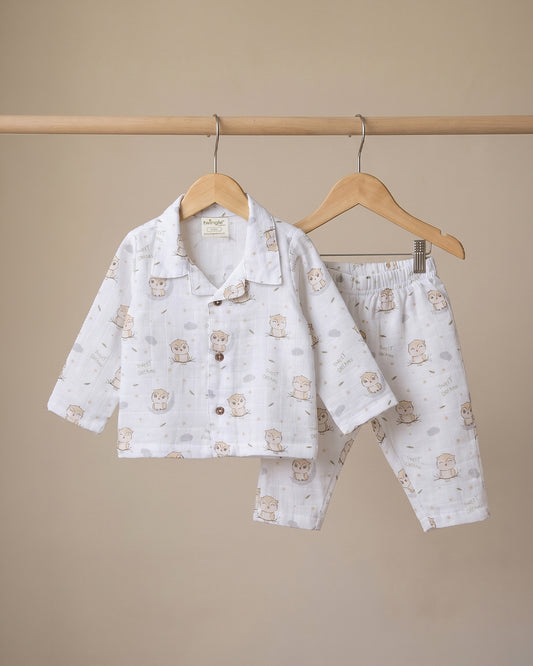 Twingle 100% Organic Muslin Nightsuit-Prevents Overheating-Naturally Temperature Regulating for Better Sleep-Soft Elasticated Waistband-Sleepy Owls-White-For Infants