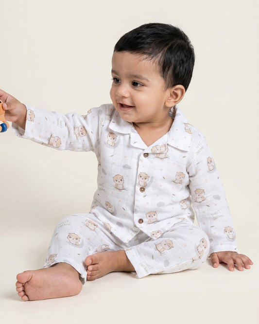 Twingle 100% Organic Muslin Nightsuit-Prevents Overheating-Naturally Temperature Regulating for Better Sleep-Soft Elasticated Waistband-Sleepy Owls-White-For Infants
