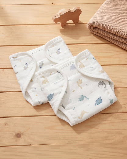 Twingle 100% Organic Muslin Velcro Nappy-Soft Absorbent Terry Layer-Mess Free Design-Helps Control 1-2 Leaks-Adjustable Velcro Fit-Aerospace & Dino Print-Pack of 2