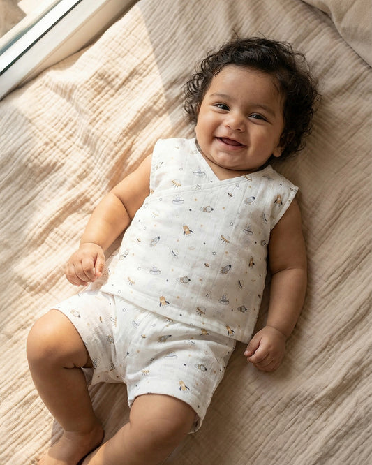 Twingle 100% Organic Muslin Jhabla & Shorts Set-Kimono Opening for Easy Dressing-Soft Elasticated Waistband-Aerospace-White-For Infants
