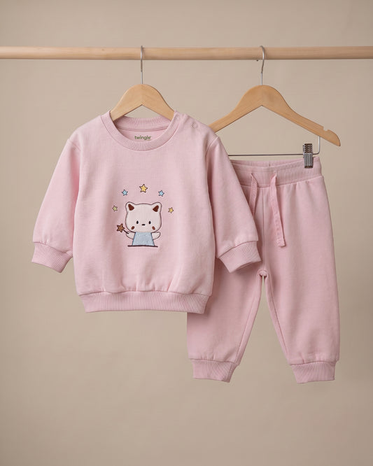 Twingle 100% Organic Cotton Jogger Set-Hypoallergenic Fabric-No Itchy Tags-Soft Elasticated Waistband-Long Sleeves-Solid-Pastel Pink-For Infants