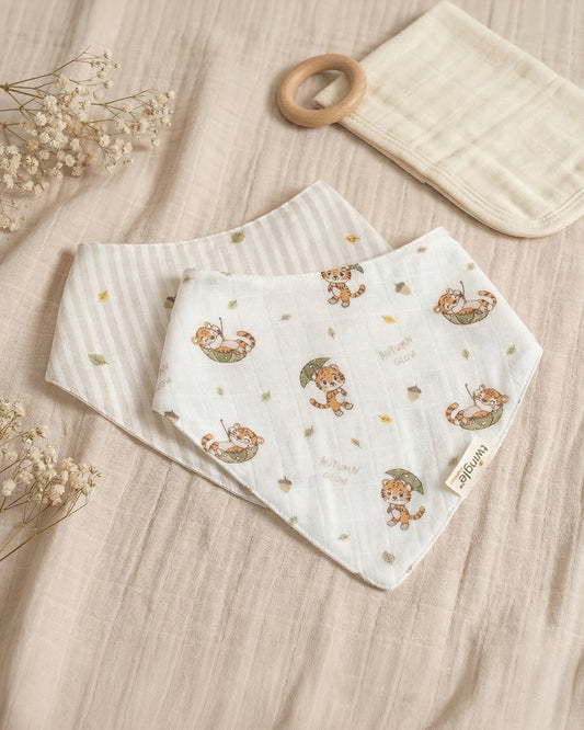 Twingle 100% Organic Muslin Bandana Bib-Dual Layer for Maximum Absorbency-Trusted YKK Snaps-Roar & Autumn Print-Pack of 2-For Infants