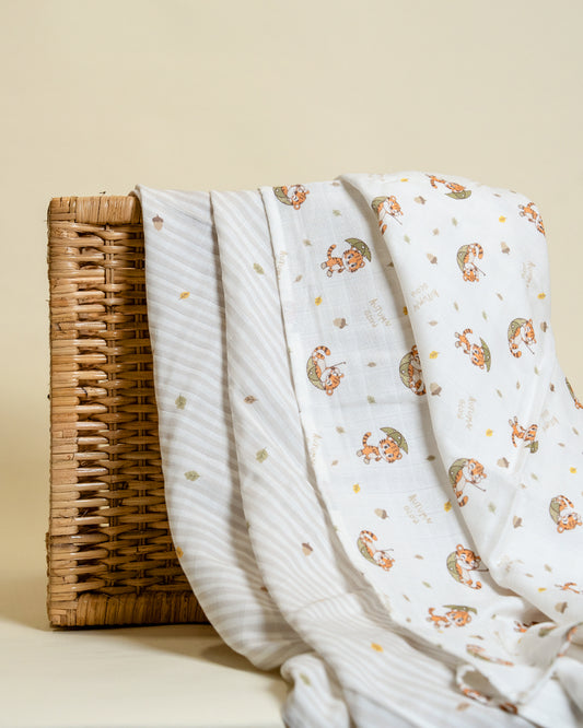 Twingle 100% Organic Muslin Swaddles-Bigger than Standard Swaddles-Supports Natural Airflow-Soft Gentle Edges-Cozy Roars & Autumn Vibes Print-White & Grey-Pack of 2-Infant Wraps