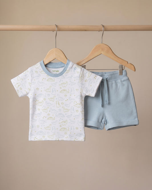 Twingle 100% Organic Cotton T-shirt & Shorts Set-No Itchy Tags-Shoulder Snaps for Easy Dressing-Soft Adjustable Waistband-Short Sleeves-Dino Print-White-For Infants