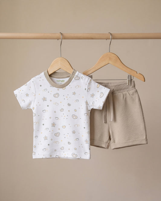 Twingle 100% Organic Cotton T-shirt & Shorts Set-No Itchy Tags-Shoulder Snaps for Easy Dressing-Soft Adjustable Waistband-Short Sleeves-Hearts & Stars Print-White-For Infants
