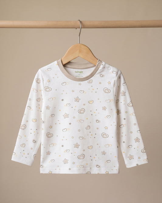 Twingle 100% Organic Cotton T-shirt-No Itchy Neck Tags-Shoulder Snaps for Easy Dressing-Long Sleeves-Hearts & Stars Print-White-For Infants