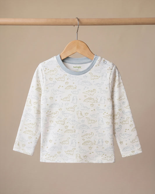 Twingle 100% Organic Cotton T-shirt-No Itchy Neck Tags-Shoulder Snaps for Easy Dressing-Long Sleeves-Dino Print-White-For Infants