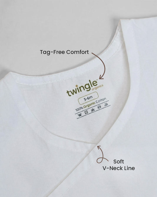 Twingle 100% Organic Cotton Jhabla-Kimono Opening for Easy Dressing-Hippo Hopper-White-For Infants