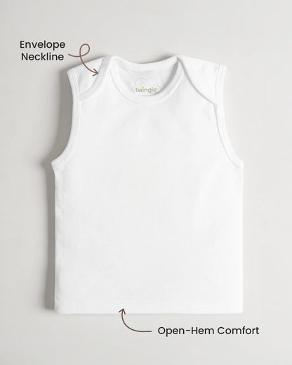 Twingle 100% Organic Cotton Vest-Envelope Neck for Easy Dressing-No Itchy Neck Tags-Sleeveless-Solid-White-Pack of 3-For Infants
