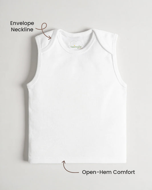 Twingle 100% Organic Cotton Vest-Envelope Neck for Easy Dressing-No Itchy Neck Tags-Sleeveless-Solid-White-Pack of 3-For Infants