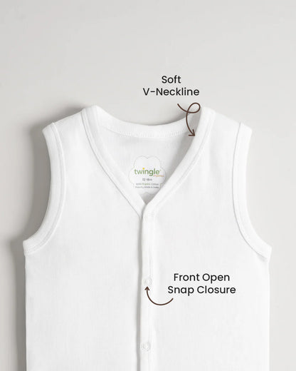 Twingle 100% Organic Cotton Jhabla Vest-Front Snaps for Easy Dressing-No Itchy Neck Tags-Sleeveless-Solid-White-Pack of 3-For Infants
