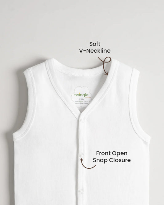 Twingle 100% Organic Cotton Jhabla Vest-Front Snaps for Easy Dressing-No Itchy Neck Tags-Sleeveless-Solid-White-Pack of 3-For Infants