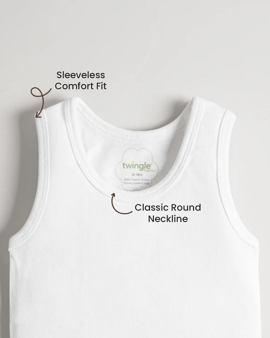 Twingle 100% Organic Cotton Vest-Round Neck-No Itchy Neck Tags-Sleeveless-Solid-White-Pack of 3-For Infants