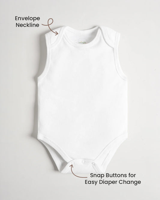 Twingle 100% Organic Cotton Bodysuit Vest-Envelope Neck for Easy Dressing-No Itchy Neck Tags-Sleeveless-Solid-White-Pack of 3-For Infants