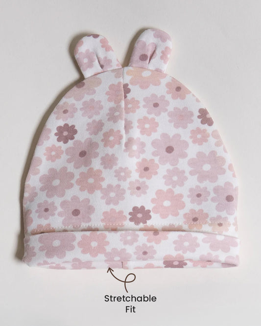 Twingle 100% Organic Cotton Cap, Booties & Mittens Set-Snug Cap-Mittens & Booties-with Soft Elasticated Cuffs for Secure Fit-Floral Print-White-For Infants