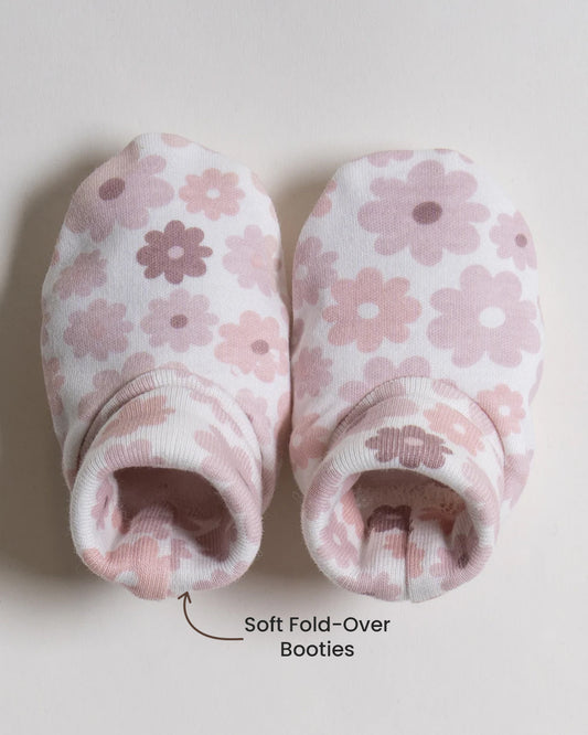 Twingle 100% Organic Cotton Cap, Booties & Mittens Set-Snug Cap-Mittens & Booties-with Soft Elasticated Cuffs for Secure Fit-Floral Print-White-For Infants