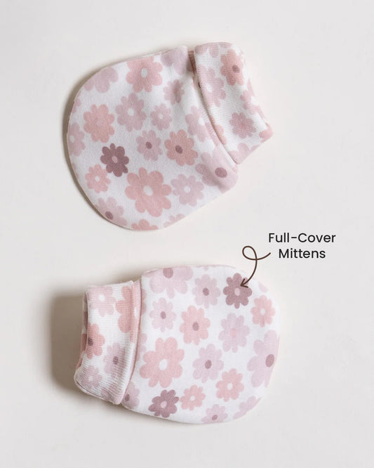Twingle 100% Organic Cotton Cap, Booties & Mittens Set-Snug Cap-Mittens & Booties-with Soft Elasticated Cuffs for Secure Fit-Floral Print-White-For Infants