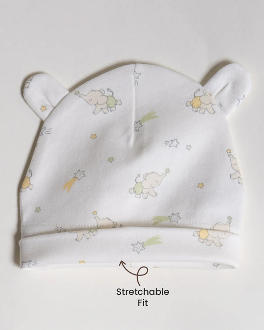 Twingle 100% Organic Cotton Cap, Booties & Mittens Set-Snug Cap-Mittens & Booties-with Soft Elasticated Cuffs for Secure Fit-Elephant Print-White-For Infants