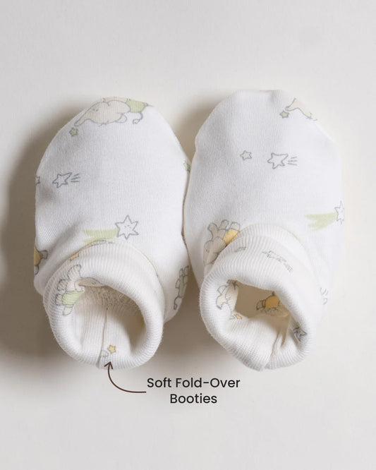 Twingle 100% Organic Cotton Cap, Booties & Mittens Set-Snug Cap-Mittens & Booties-with Soft Elasticated Cuffs for Secure Fit-Elephant Print-White-For Infants