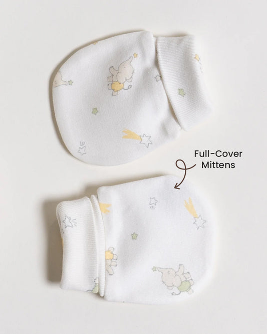 Twingle 100% Organic Cotton Cap, Booties & Mittens Set-Snug Cap-Mittens & Booties-with Soft Elasticated Cuffs for Secure Fit-Elephant Print-White-For Infants