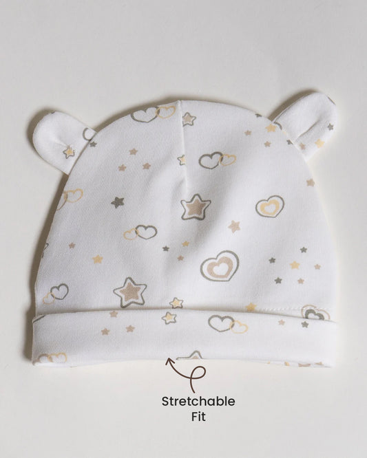 Twingle 100% Organic Cotton Cap, Booties & Mittens Set-Snug Cap-Mittens & Booties-with Soft Elasticated Cuffs for Secure Fit-Hearts & Stars Print-White-For Infants
