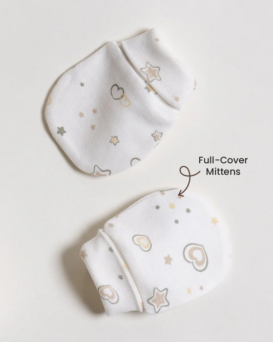 Twingle 100% Organic Cotton Cap, Booties & Mittens Set-Snug Cap-Mittens & Booties-with Soft Elasticated Cuffs for Secure Fit-Hearts & Stars Print-White-For Infants