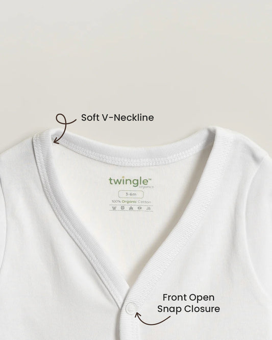 Twingle 100% Organic Cotton Jhabla Vest-Front Snaps for Easy Dressing-No Itchy Neck Tags-Long Sleeves-Solid-White-Pack of 3-For Infants
