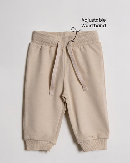 Twingle 100% Organic Cotton Jogger Set-Hypoallergenic Fabric-No Itchy Tags-Soft Elasticated Waistband-Long Sleeves-Solid-Beige-For Infants