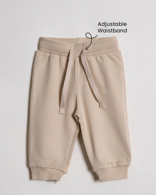 Twingle 100% Organic Cotton Jogger Set-Hypoallergenic Fabric-No Itchy Tags-Soft Elasticated Waistband-Long Sleeves-Solid-Beige-For Infants