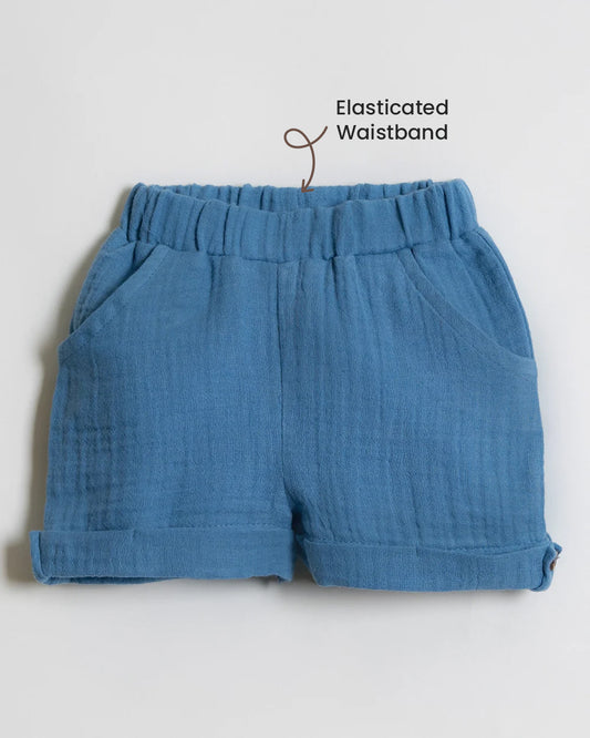 Twingle 100% Organic Muslin Shirt & Shorts Set-Lightweight & Breathable Fabric-Functional Pockets-Soft Elasticated Waistband-Short Sleeves-Solid-Cobalt Blue-For Infants