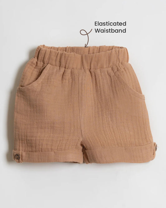 Twingle 100% Organic Muslin Shirt & Shorts Set-Lightweight & Breathable Fabric-Functional Pockets-Soft Elasticated Waistband-Short Sleeves-Solid-Tan-For Infants