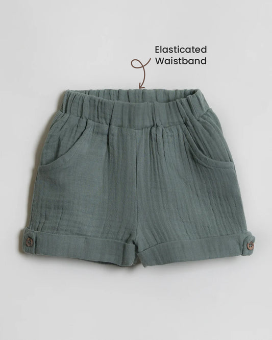 Twingle 100% Organic Muslin Shirt & Shorts Set-Lightweight & Breathable Fabric-Functional Pockets-Soft Elasticated Waistband-Short Sleeves-Solid-Sage Green-For Infants