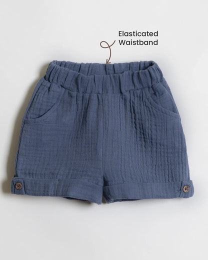 Twingle 100% Organic Muslin Shirt & Shorts Set-Lightweight & Breathable Fabric-Functional Pockets-Soft Elasticated Waistband-Short Sleeves-Solid-Navy Blue-For Infants