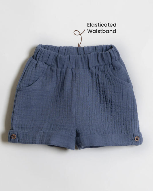 Twingle 100% Organic Muslin Shirt & Shorts Set-Lightweight & Breathable Fabric-Functional Pockets-Soft Elasticated Waistband-Short Sleeves-Solid-Navy Blue-For Infants