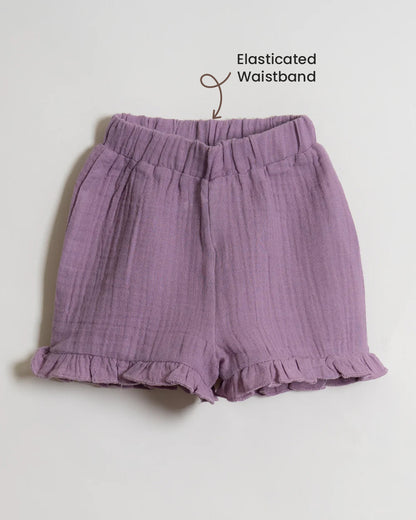 Twingle 100% Organic Muslin Shirt & Shorts Set-Lightweight & Breathable Fabric-Puff Sleeves-Soft Elasticated Waistband-Short Sleeves-Solid-Lavender-For Infants