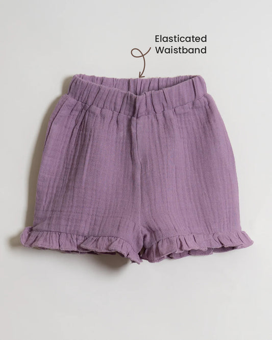Twingle 100% Organic Muslin Shirt & Shorts Set-Lightweight & Breathable Fabric-Puff Sleeves-Soft Elasticated Waistband-Short Sleeves-Solid-Lavender-For Infants