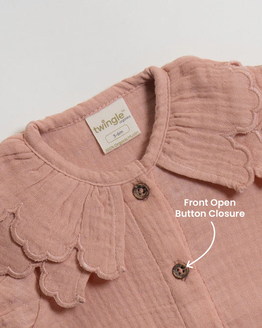 Twingle 100% Organic Muslin Shirt & Shorts Set-Lightweight & Breathable Fabric-Puff Sleeves-Soft Elasticated Waistband-Short Sleeves-Solid-Peach Pink-For Infants