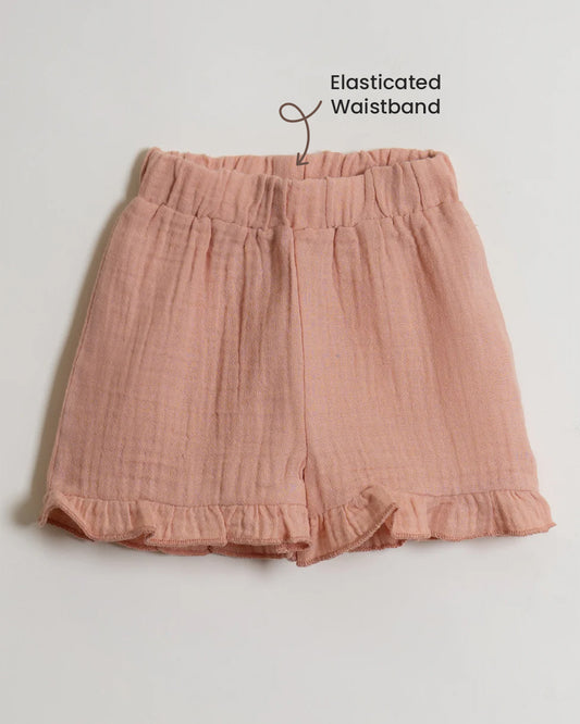 Twingle 100% Organic Muslin Shirt & Shorts Set-Lightweight & Breathable Fabric-Puff Sleeves-Soft Elasticated Waistband-Short Sleeves-Solid-Peach Pink-For Infants