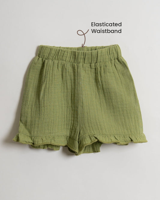 Twingle 100% Organic Muslin Shirt & Shorts Set-Lightweight & Breathable Fabric-Puff Sleeves-Soft Elasticated Waistband-Short Sleeves-Solid-Olive Green-For Infants