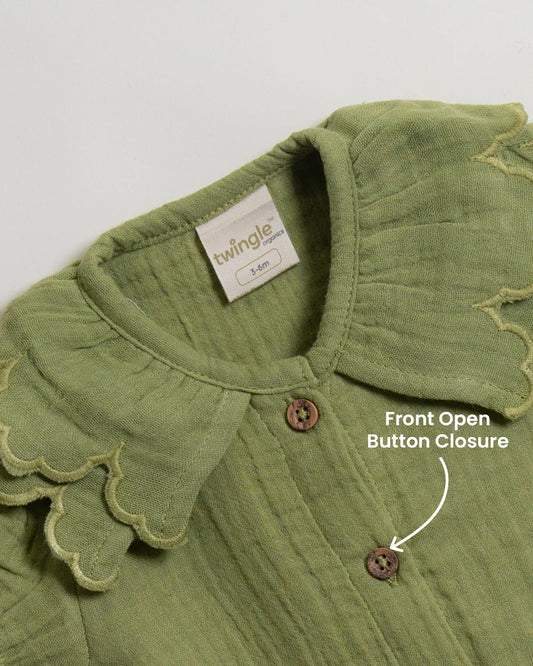 Twingle 100% Organic Muslin Shirt & Shorts Set-Lightweight & Breathable Fabric-Puff Sleeves-Soft Elasticated Waistband-Short Sleeves-Solid-Olive Green-For Infants