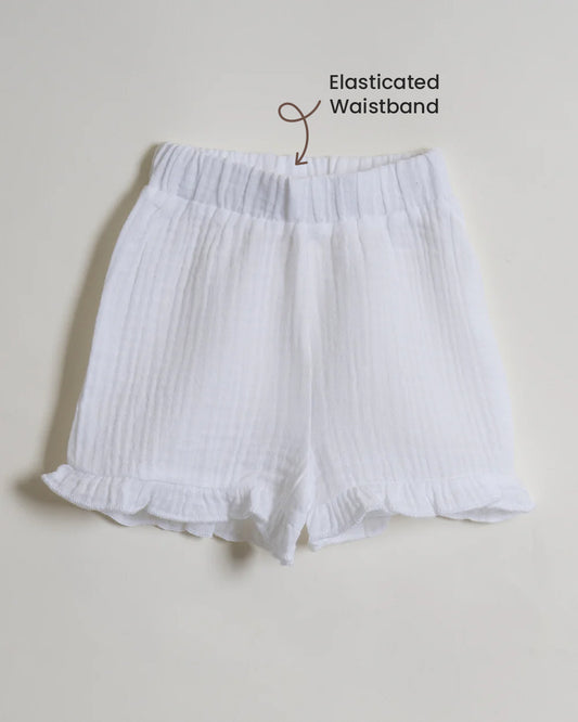 Twingle 100% Organic Muslin Shirt & Shorts Set-Lightweight & Breathable Fabric-Puff Sleeves-Soft Elasticated Waistband-Short Sleeves-Solid-White-For Infants